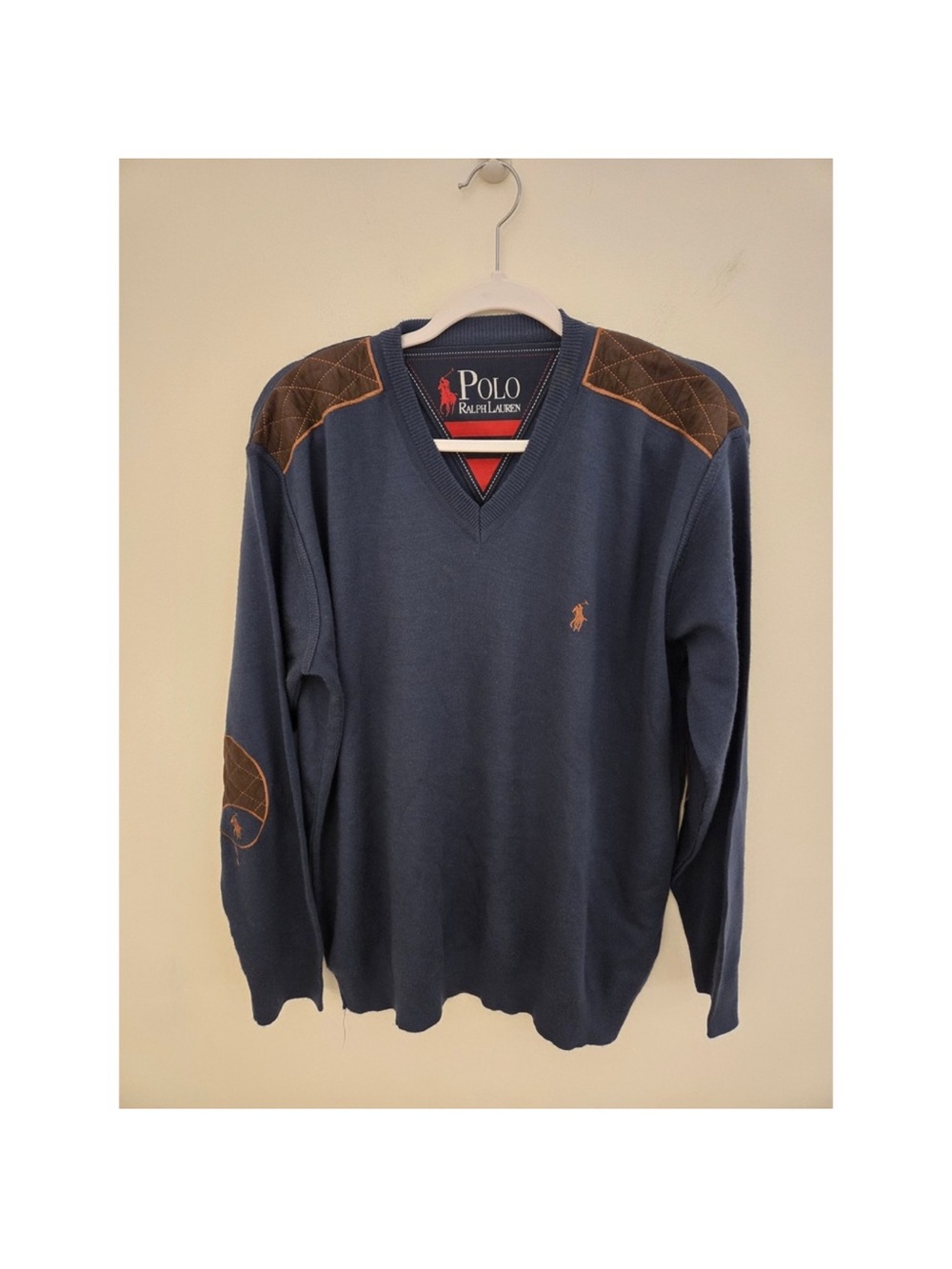Ralph Lauren Navy V-Neck Sweater with Brown Elbow & Shoulder Patches